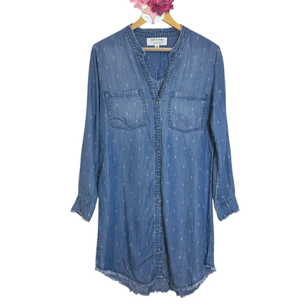 Cloth & Stone Anthropologie tunic shirt dress chambray embroidered tab sleeve